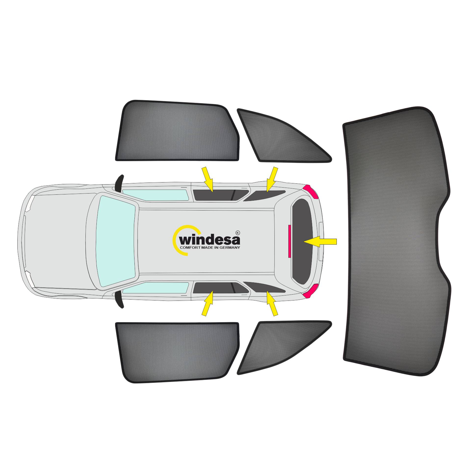 es wird die Position eines Komplettsets an Sonneblenden an einem Auto gezeigt (ABC Set)