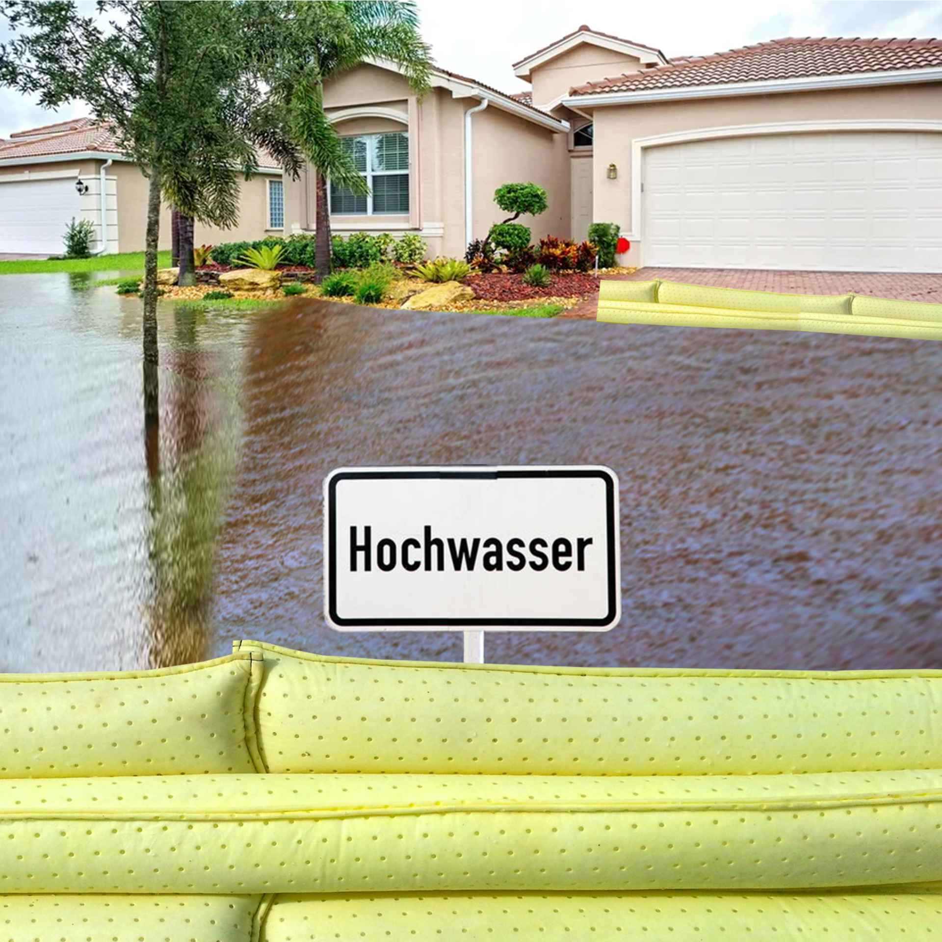 Wasserschutzschläuche liegen schützend vor einem Hochwasserschild vor einem Haus
