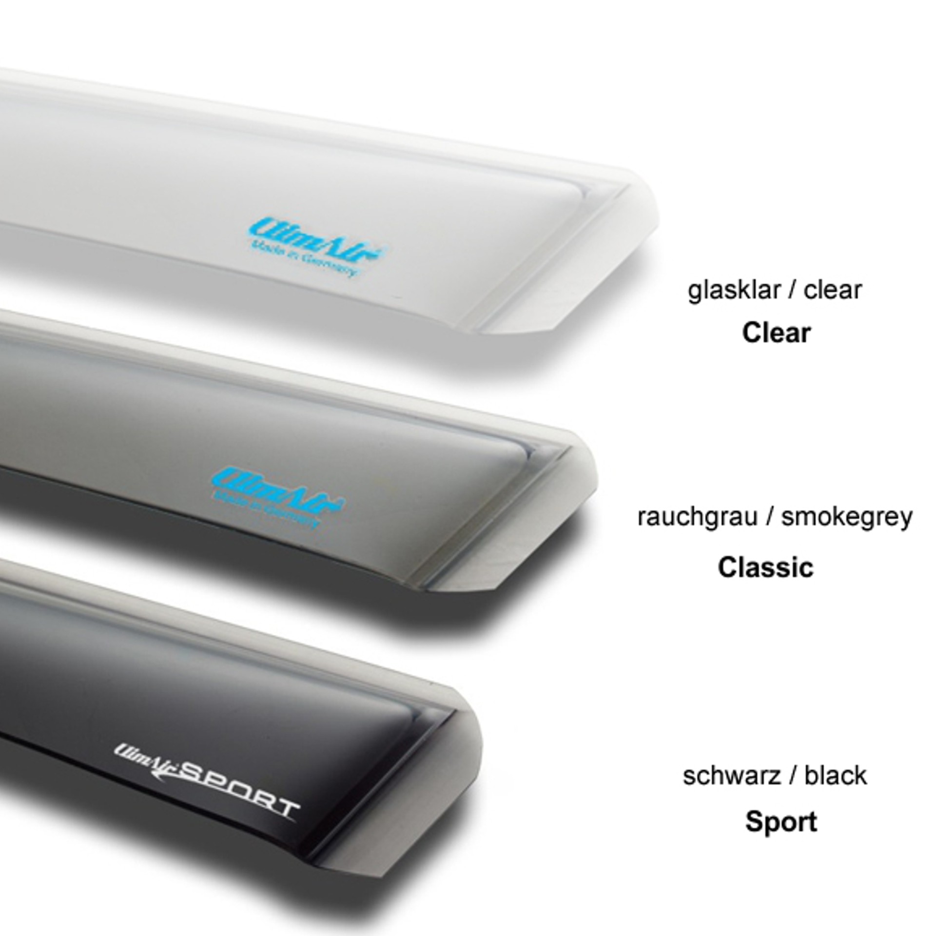 Windabweiser in den Farben glasklar, rauchgrau und schwarz