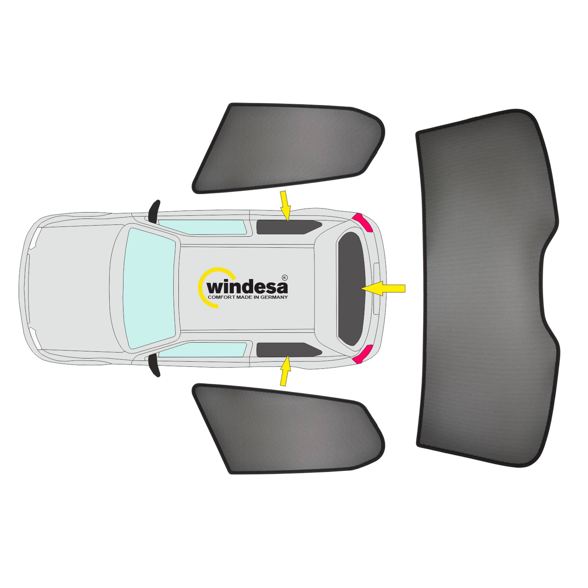 es wird die Position der Sonnenblenden der hinteren Scheiben und der Heckscheibe gezeigt (BC Set)