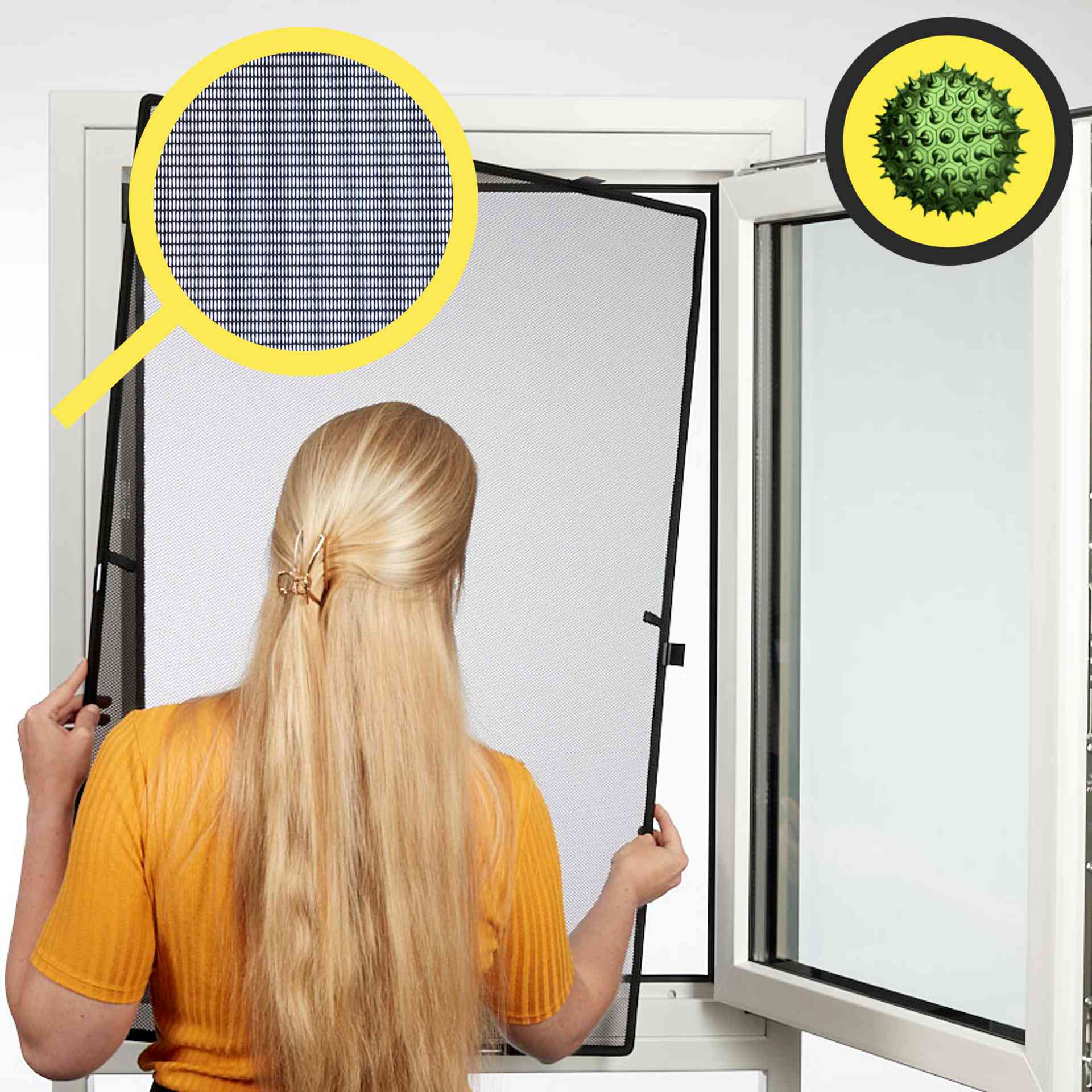 der WinClip Pollenschutz wird an ein Fenster gehalten